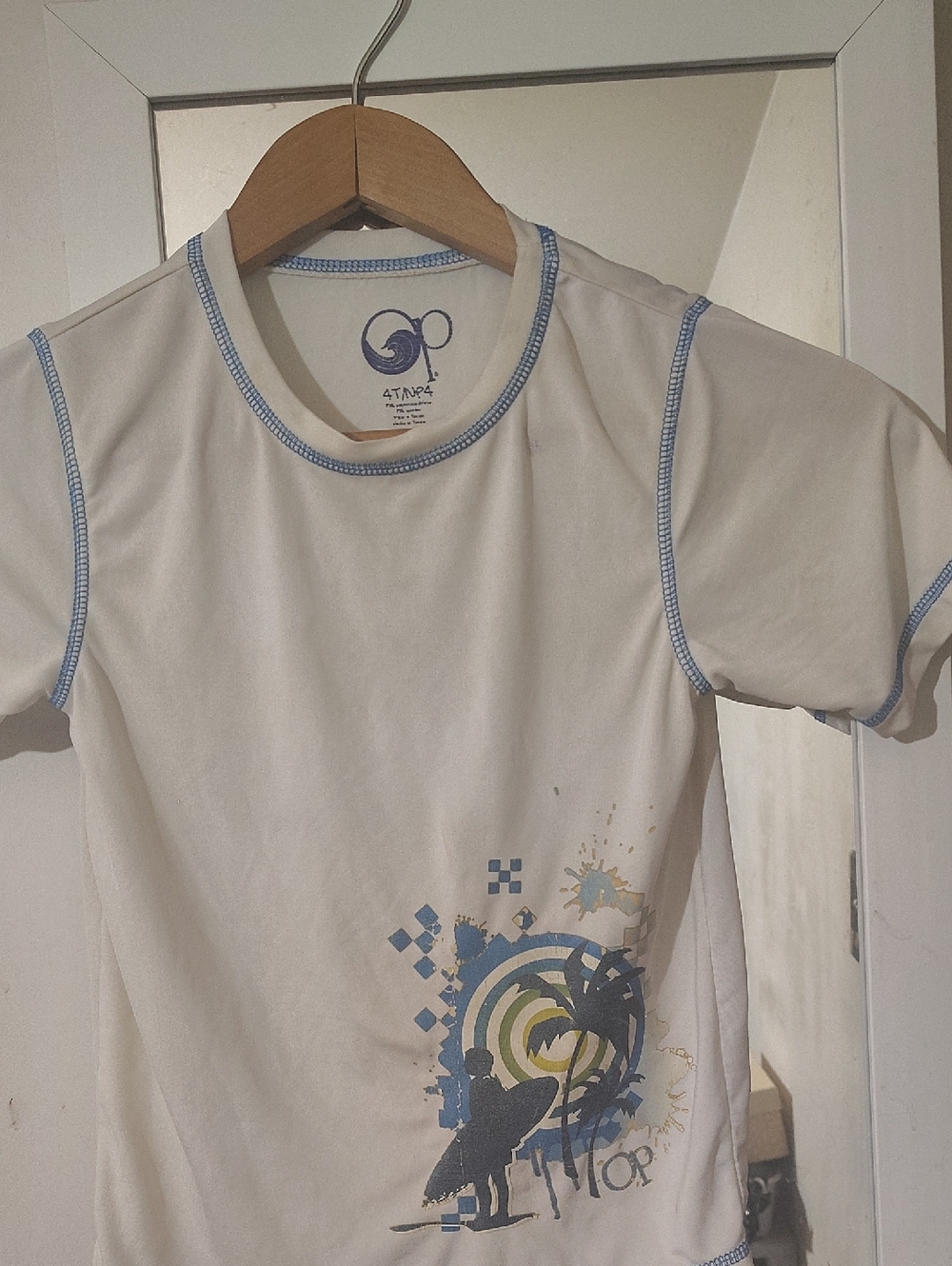 OP White Tee with Blue Trim and Multicolor Graphic Board Shirt 4T